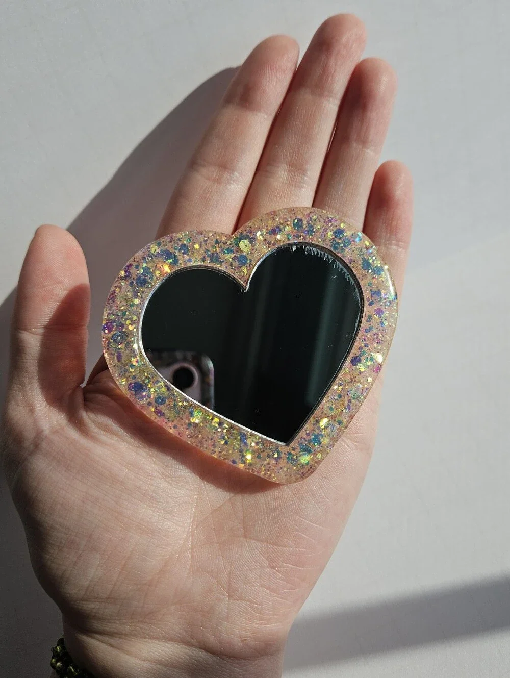 Handmade Heart Pocket Mirror Pink Glitter Princess Girly Cute Coquettecore Kawai